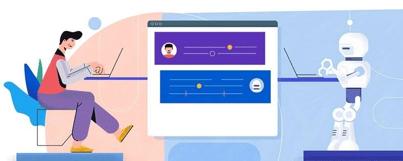 Ilustración de una persona trabajando en una computadora con un robot a su lado, representando tecnología, inteligencia artificial y automatización en el contexto de la innovación digital.