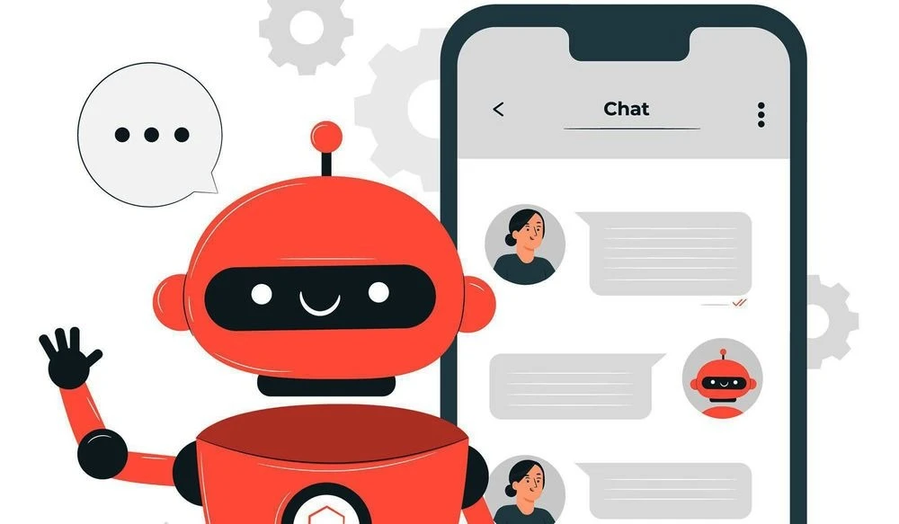 Ilustración de un robot de chatbot conversando con usuarios a través del celular, representando tecnología de inteligencia artificial y atención automatizada.