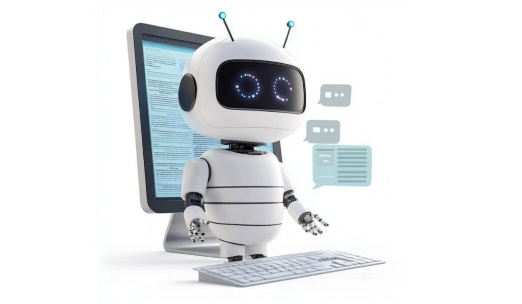 Imagen de un robot futurista con cabeza de pantalla digital, brazos articulados y un cuerpo compacto, operando una laptop e interactuando con mensajes de chat, representando tecnología e inteligencia artificial