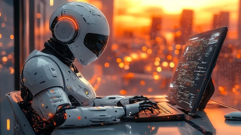 Robot futurista trabajando en una computadora con un fondo urbano al atardecer, simbolizando tecnología avanzada e innovación en inteligencia artificial.