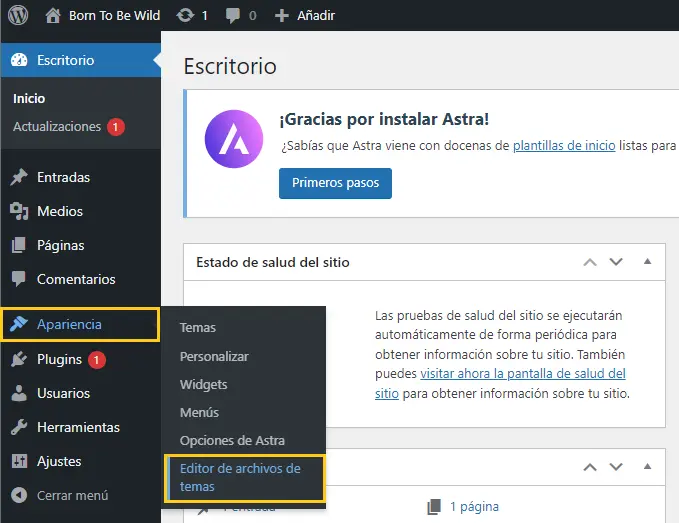 WordPress Apariencia > Editor de archivos de temas