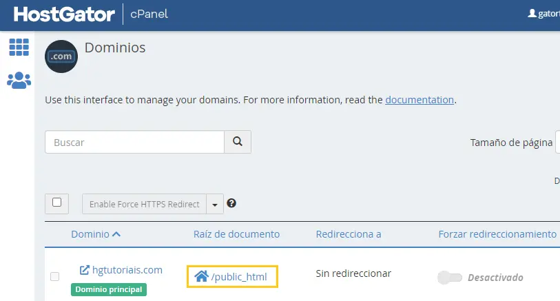 directorio dominios cpanel