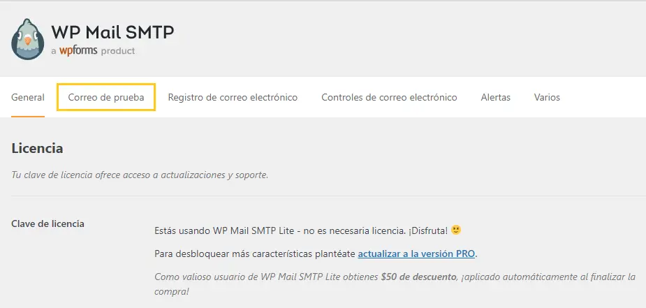 correio de prueba WP Mail SMTP