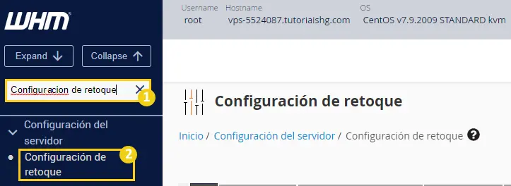 A continuación, ve a la página de Configuración de retoque en WHM.