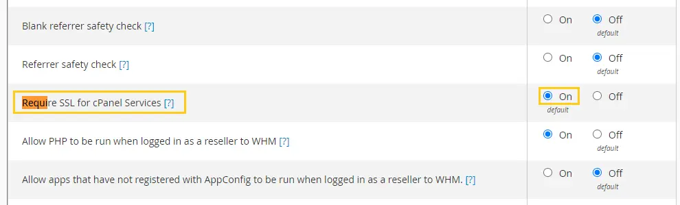 Require SSL for cPanel Services y marca la opción On
