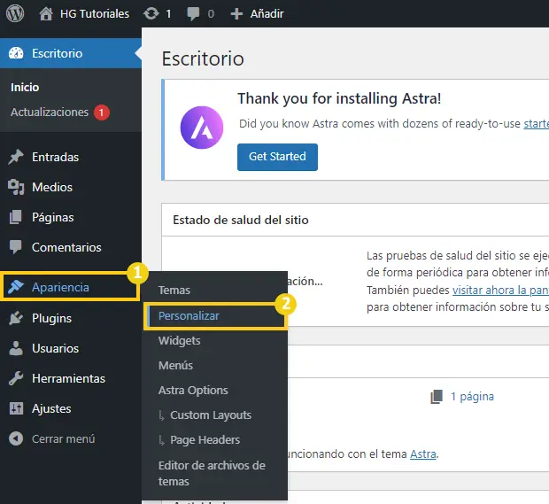 apariencia > personalizar en WordPress