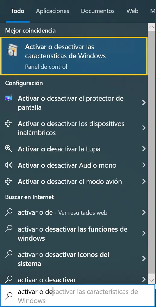 Activar o desactivar las características de Windows