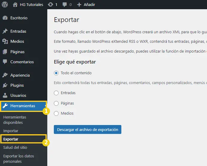 exportar herramientas wordpress