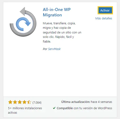 activar all in one wp migration wordpress