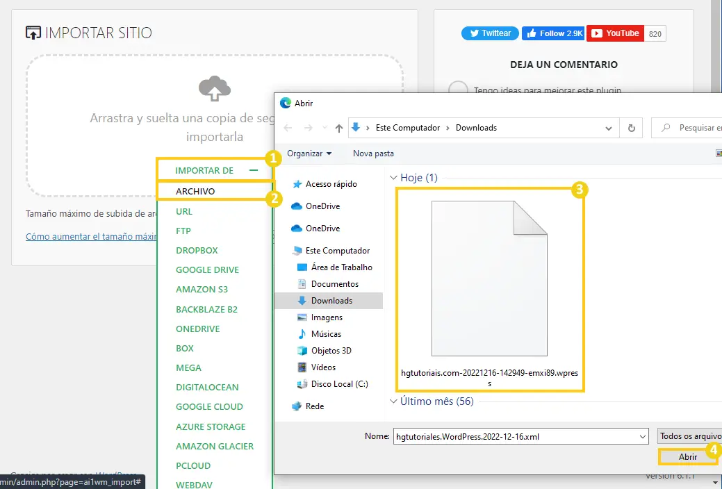 importar archivo wordpress