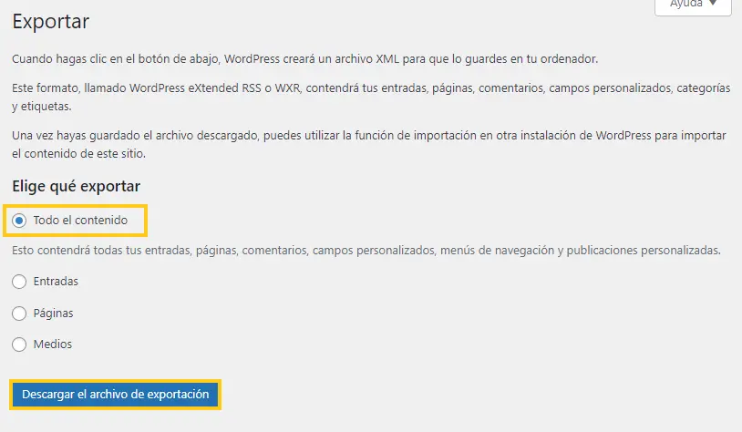 exportar todo el contenido wordpress