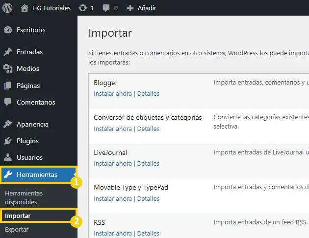 Herramientas importar wordpress