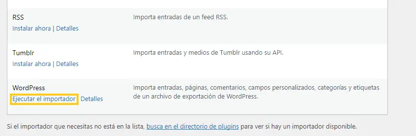 ejecutar el importador wordpress