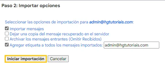 Iniciar importacion gmail cpanel