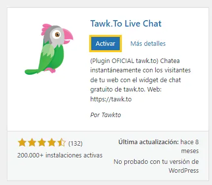 activar tawk to live chat plugin wordpress