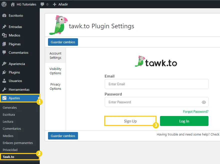 wordpress Ajustes Tawk.to sign up plugin