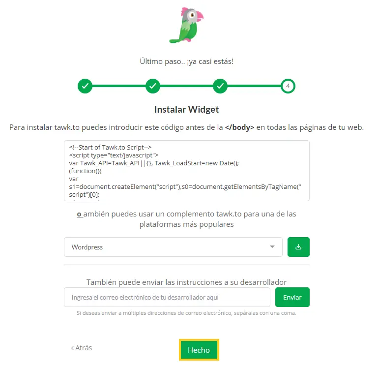 hecho configuración tawk to plugin wordpress