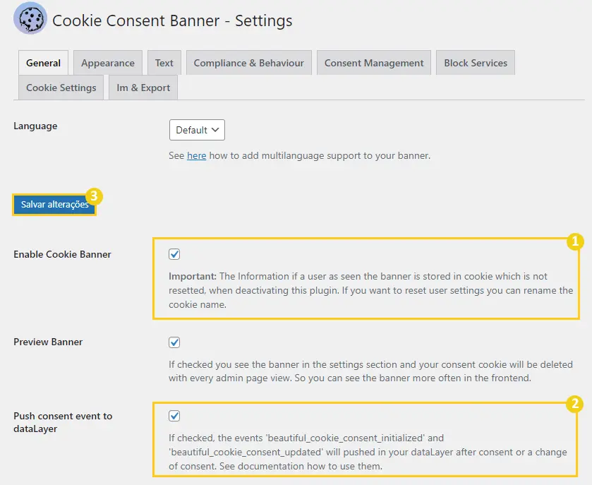 Guardar cambios del cookie consent