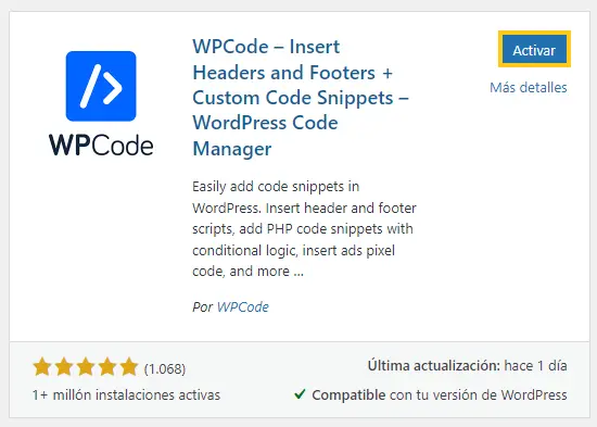 Activar plugin WPCode