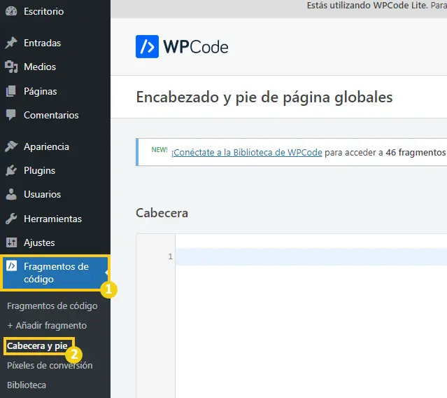 Fragmentos de código > Cabecera y 
pie WPCode