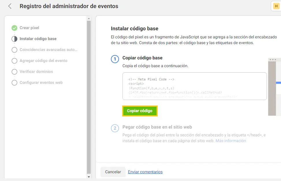 copiar codigo pixel facebook