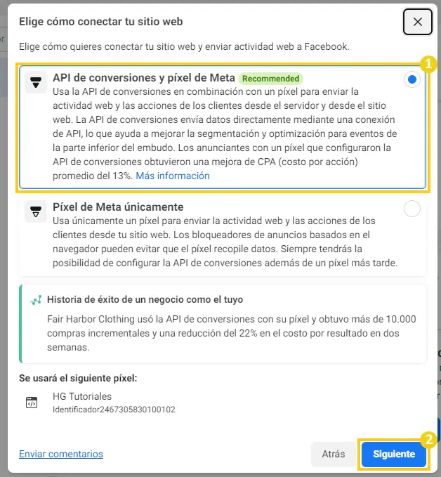 API de conversiones y pixel de Meta