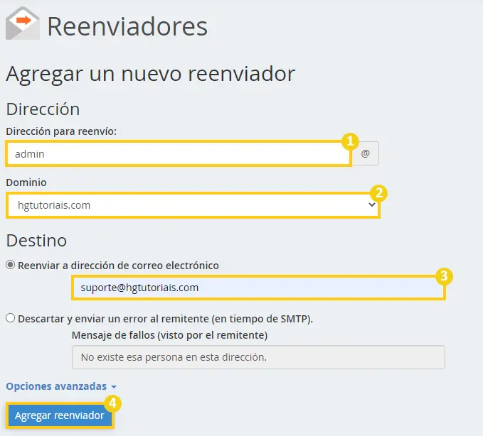 agregar un nuevo reenviador cpanel