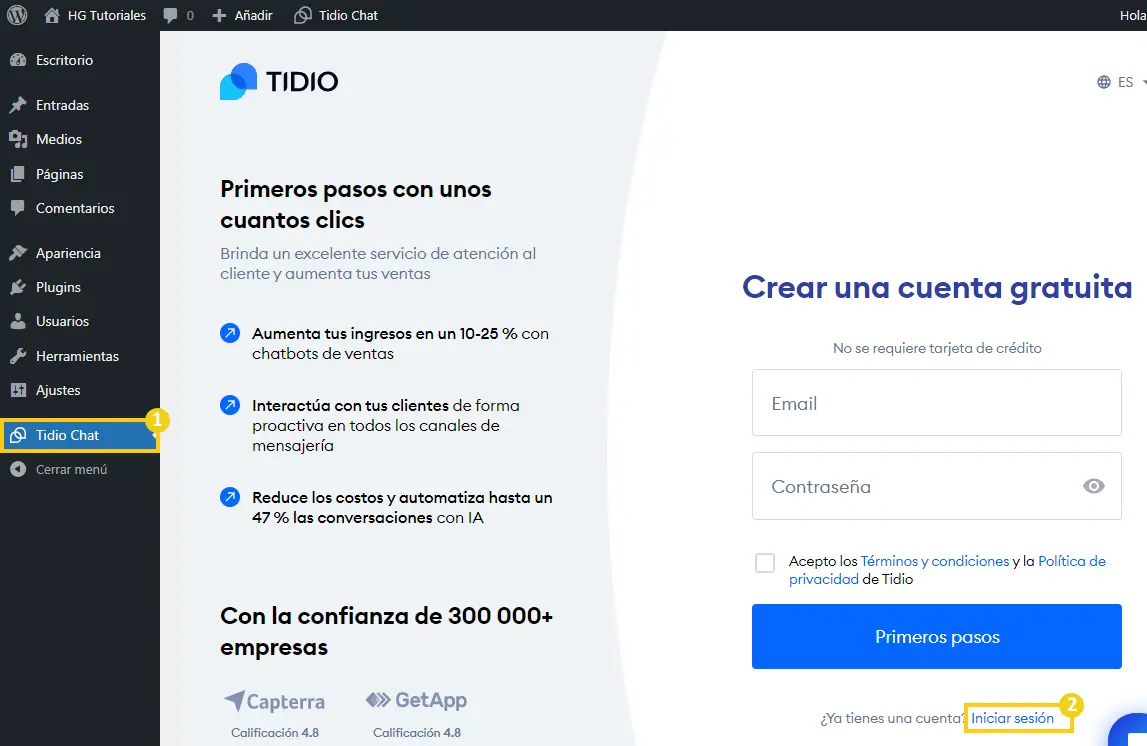 tidio chat > iniciar sesión