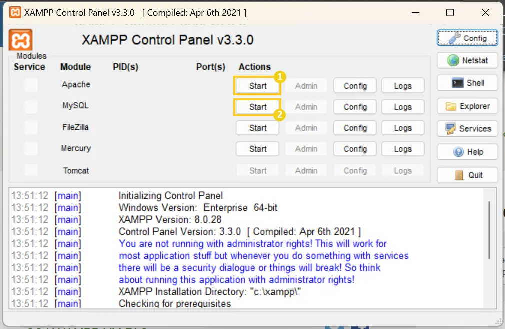 Start XAMPP Apache y MySQL