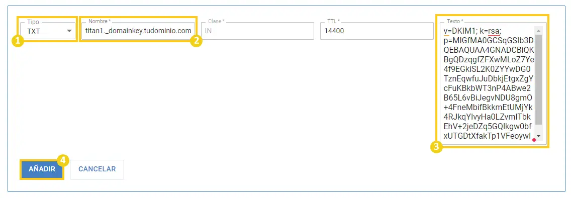 Añadir DKIM to domain DNS zone