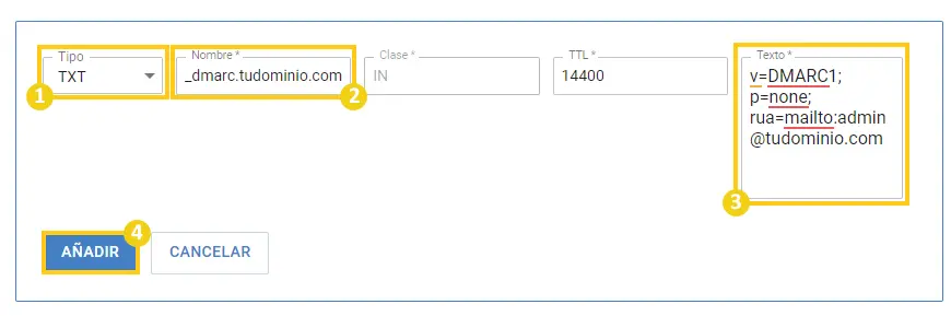 añadir DMARC zona dns Titan