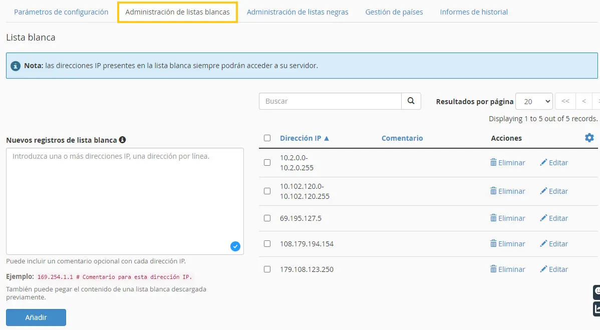 Administración de listas blancas