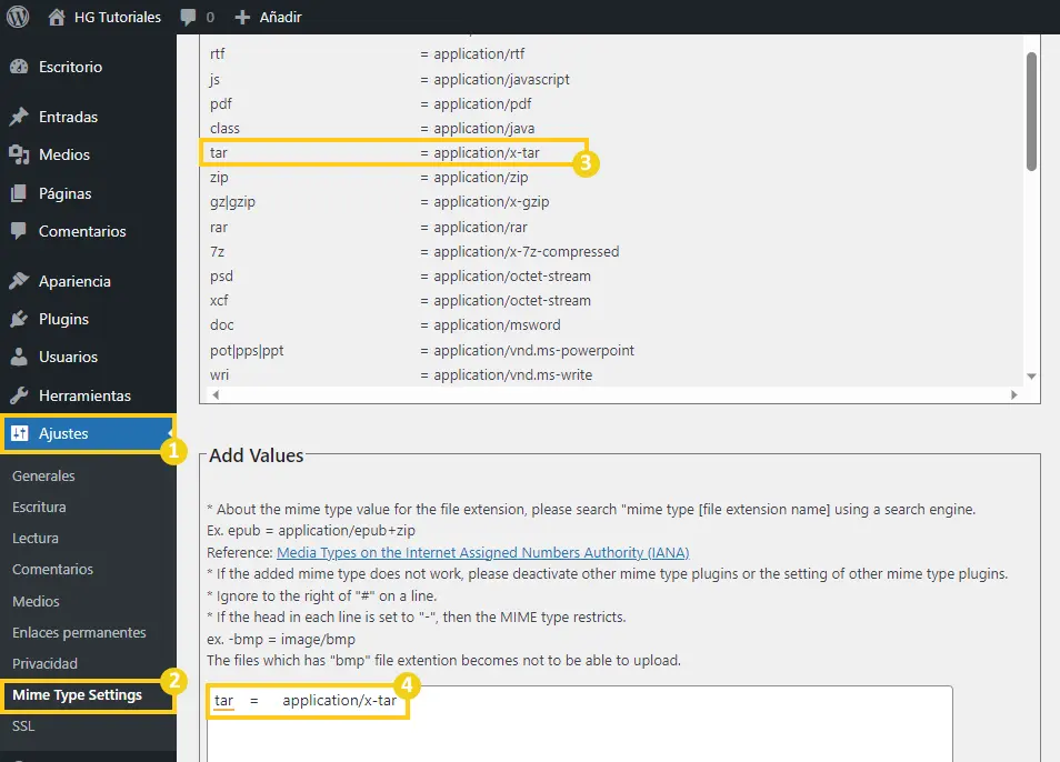 Configuración > Mime Type Settings.
