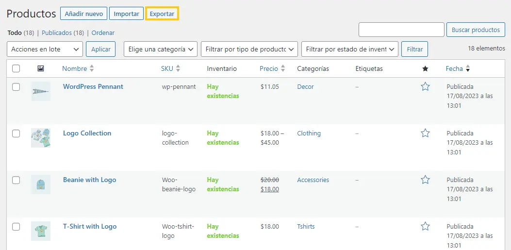 exportar productos woocommerce