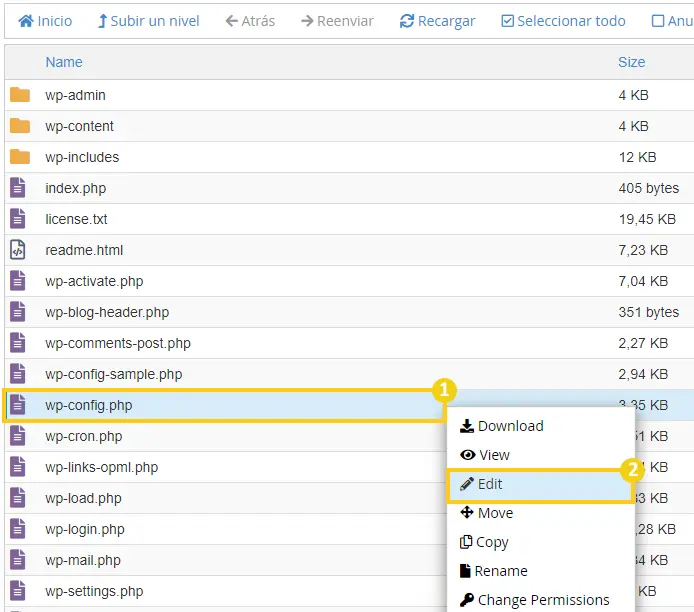 Edit archivo wp-config.php