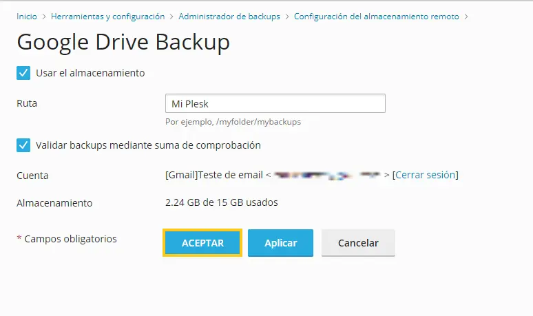 Aceptar configuración del google drive backup