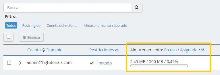 Almacenamiento en uso