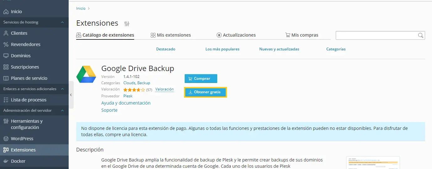 Obtener extensione google drive backup gratis plesk