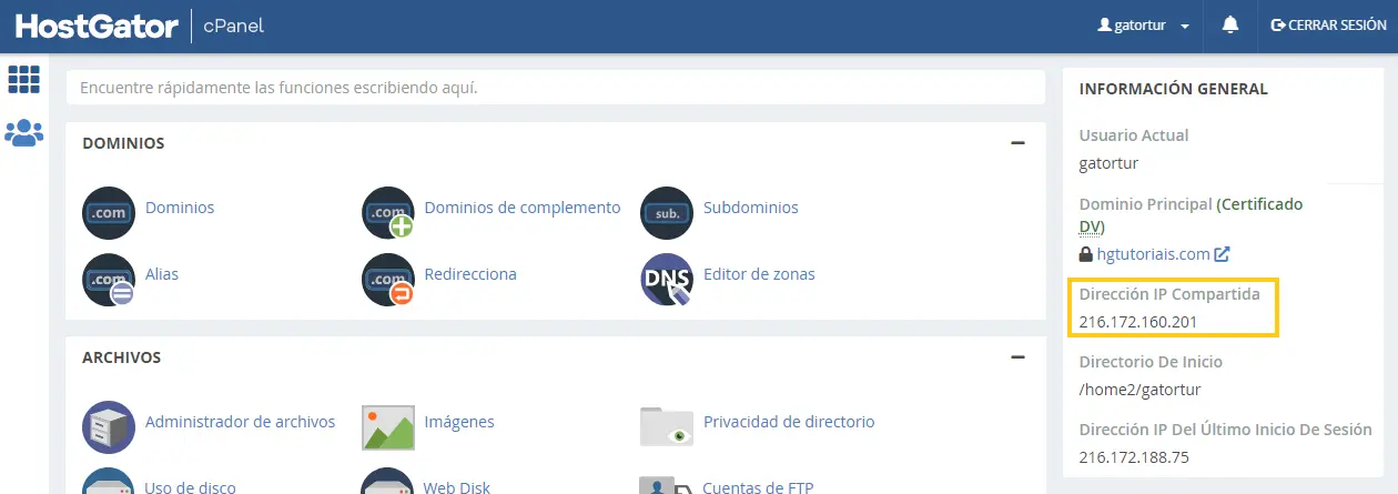 cPanel > Dirección IP Compartida 
