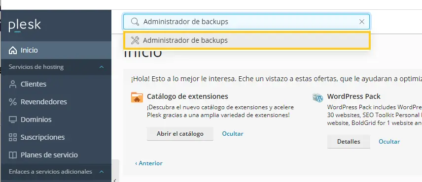 Plesk > Administrador de backups