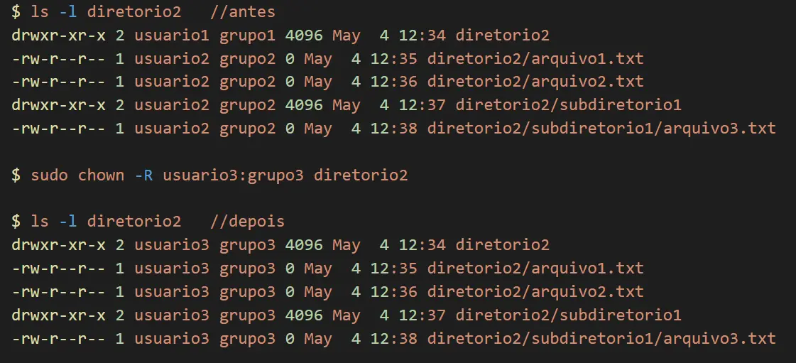 sudo chown -R usuario3:grupo3 directorio2