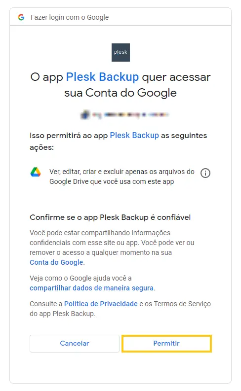 Permitir Plesk Backup Google