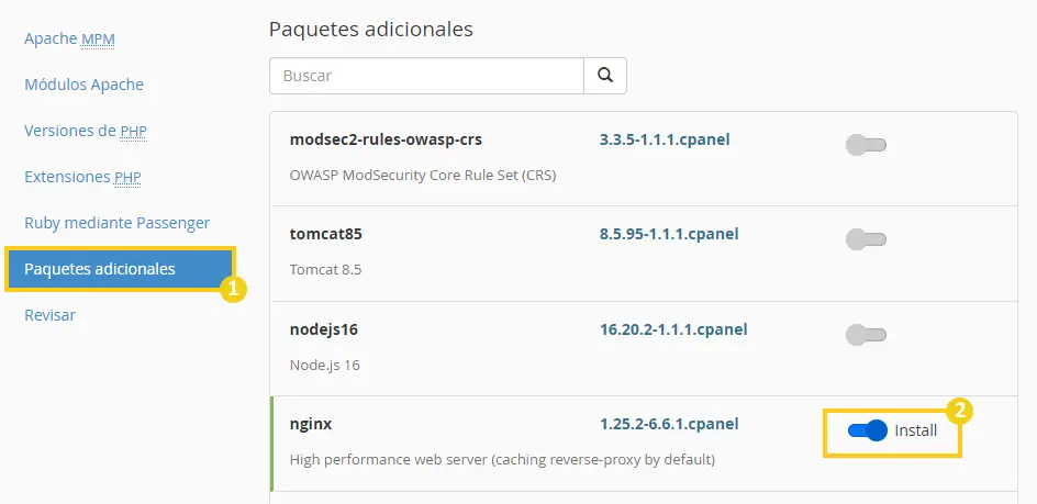 Accede a la pestaña Additional Packages y activa el paquete nginx.