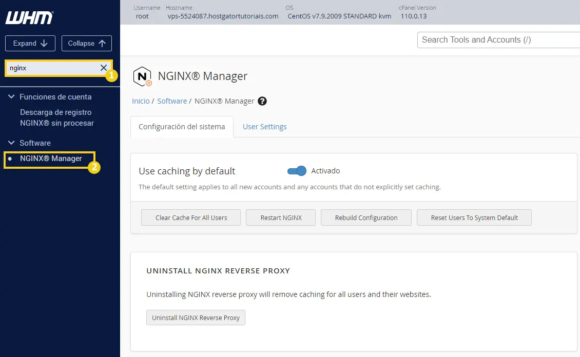 En WHM, accede al menú NGINX® Manager.