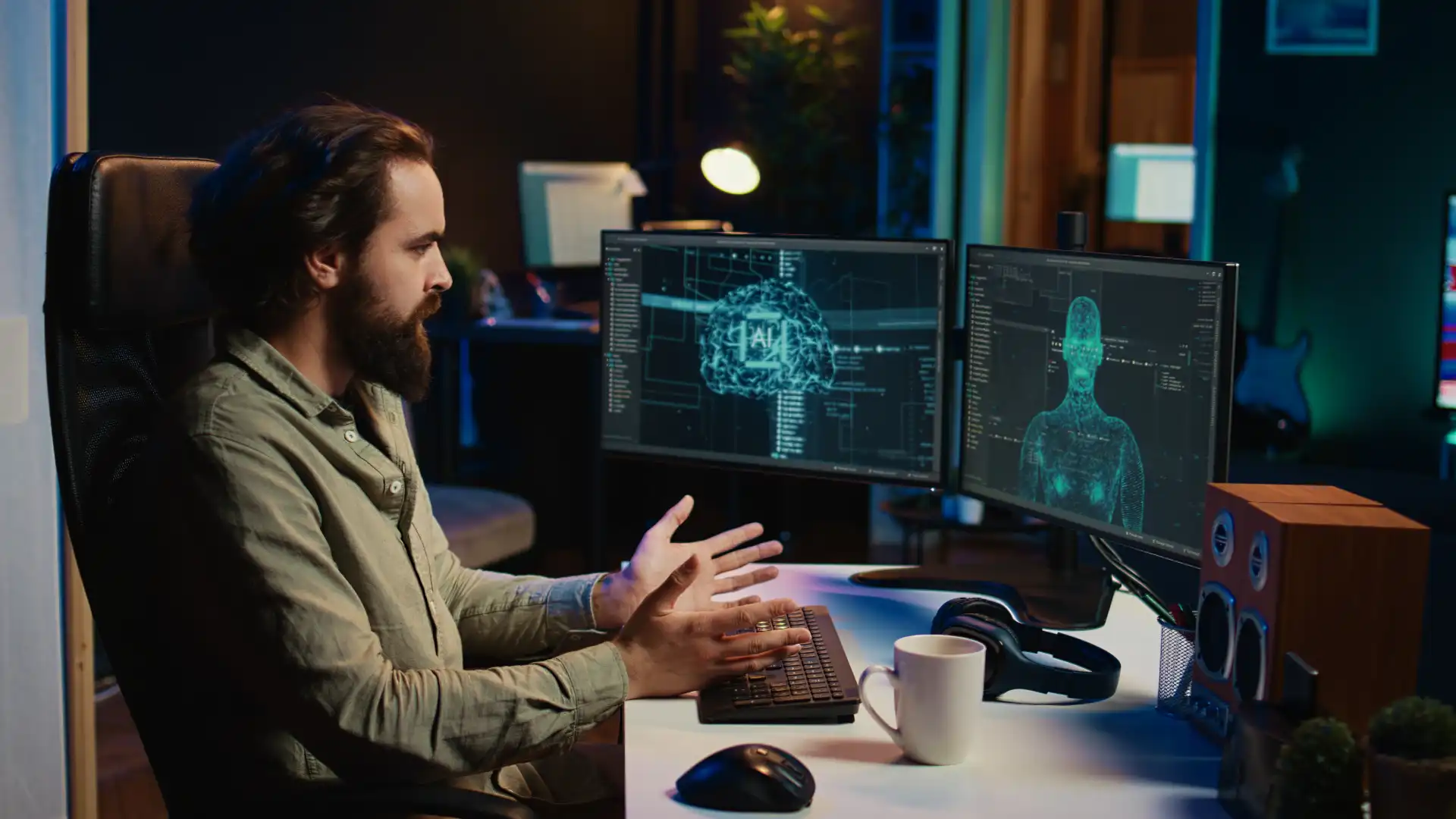 Hombre trabajando con tecnología e inteligencia artificial en una oficina moderna con dos monitores que muestran interfaces de procesamiento y análisis de datos.
