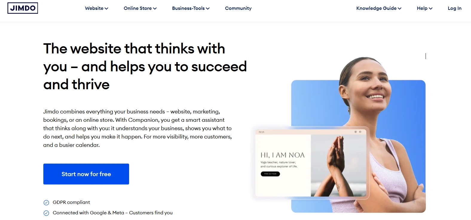 Página inicial do site Jimdo destacando o serviço que ajuda negócios a prosperar com marketing, websites e gerenciamento de clientes, usando inteligência artificial.