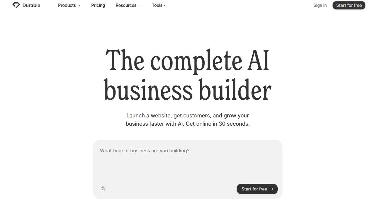 Página de inicio del sitio web de Durable, una plataforma para crear negocios con inteligencia artificial, destacando recursos y herramientas para crecer rápidamente.