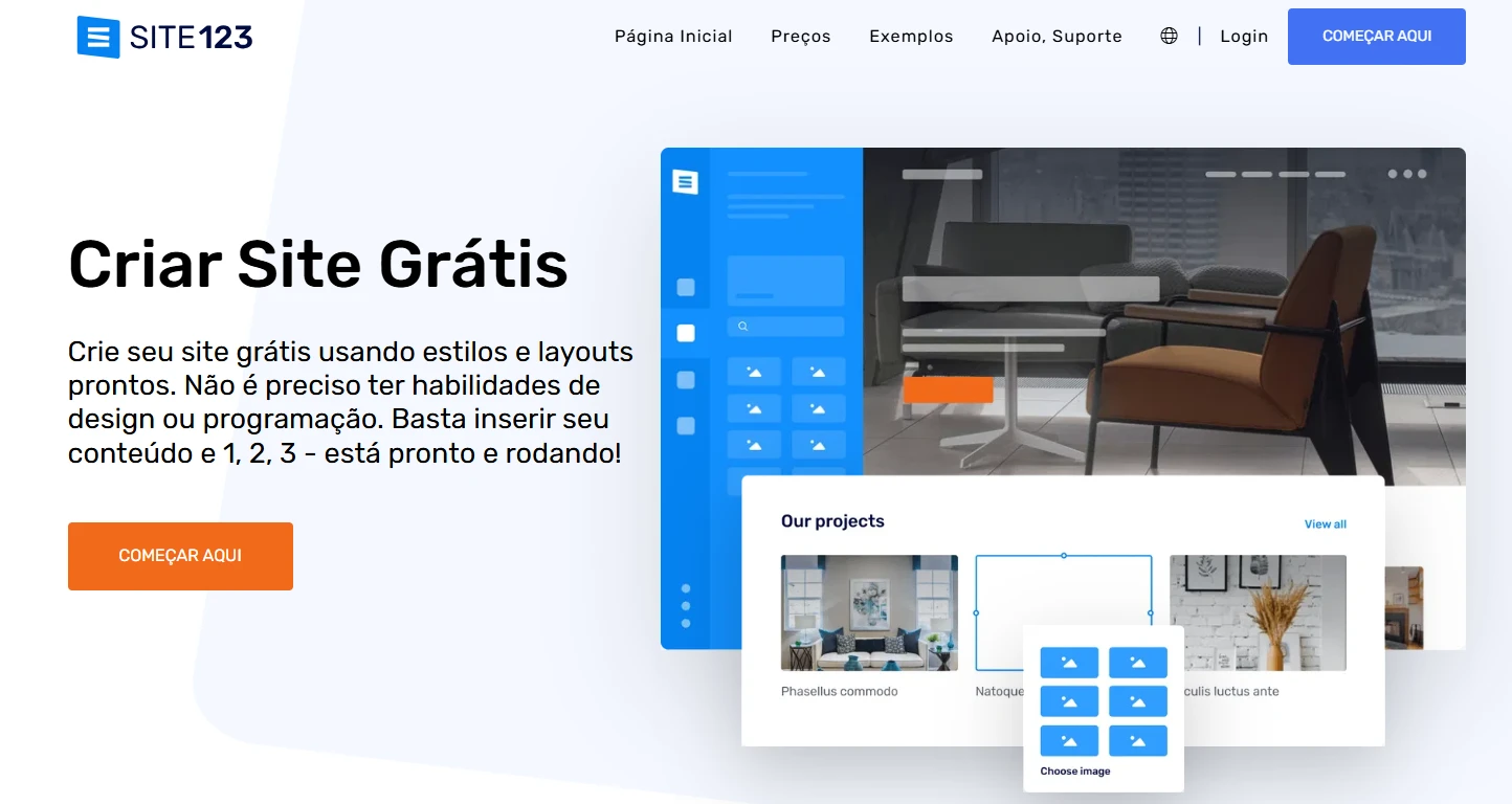 Página de inicio de SITE123 con opciones para crear sitios web gratis, diseños modernos y soporte, incluyendo un botón destacado con el texto “Comenzar aquí”.