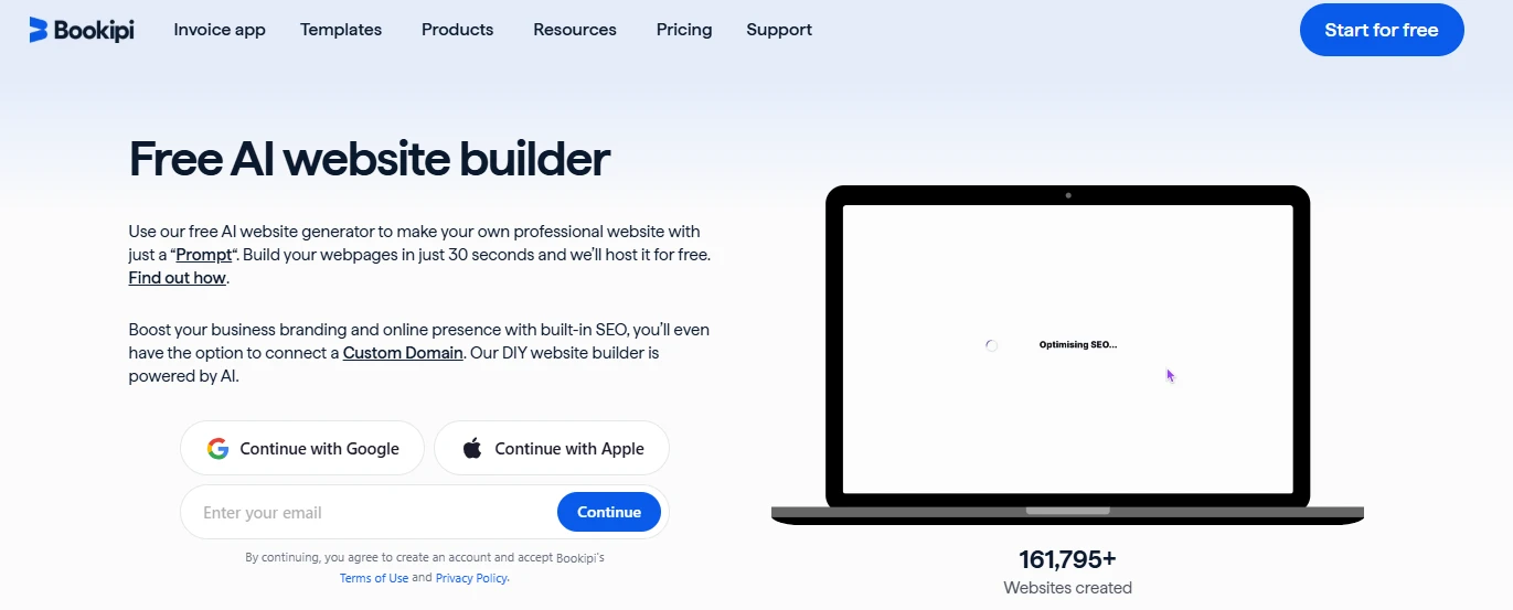 Pantalla del sitio de Bookipi mostrando la herramienta de creación de sitios web con soporte para SEO, destaque para el eslogan “Free AI website builder” y opciones de inicio de sesión con Google y Apple.