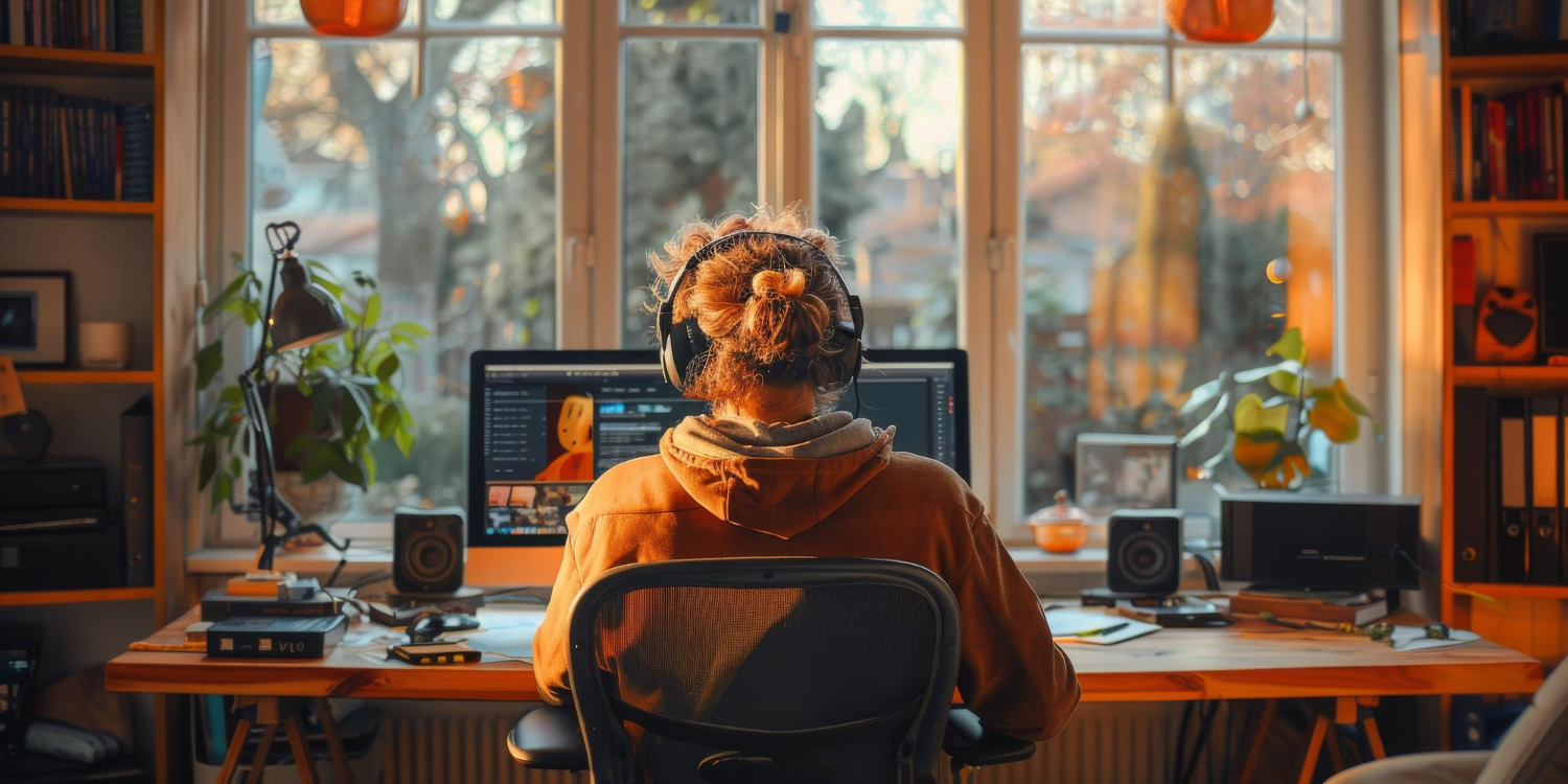 Persona usando audífonos frente a una computadora en su espacio de trabajo, con luz natural y una oficina organizada al fondo